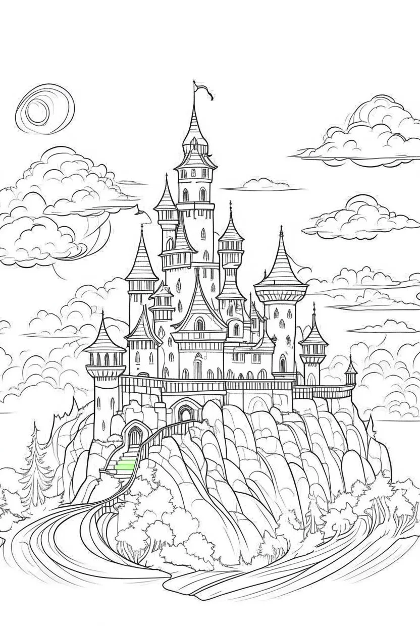 A spooky castle on a hill, surrounded by fog and illuminated by lightning. Outline, sketch style, only use outline, mandala style, clean line art, white background, no shadows, no clear wall, coloring page.