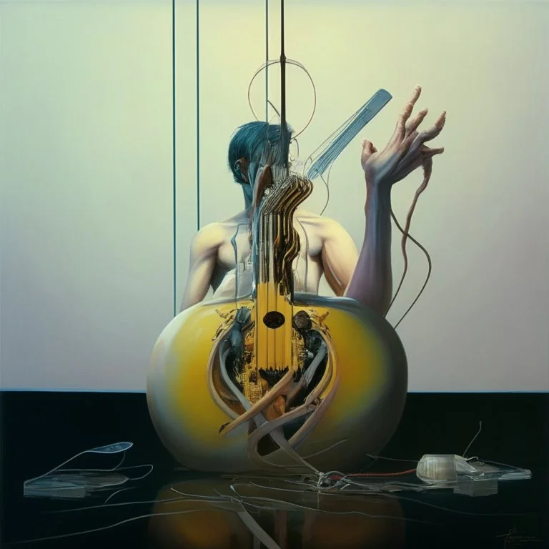 Abstract painting formed by a mix of human flesh-like surgical instruments and universe-like musical instruments,neuralink,minimalism,Painting By Adrian Ghenie, Rene Magritte, Salvador Dali, Lucian Freud