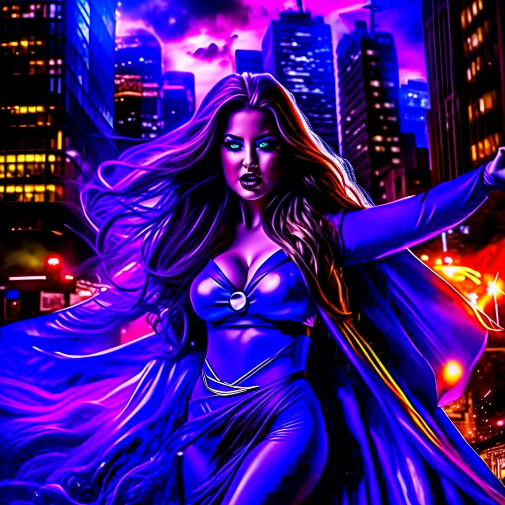 super pretty woman, purple long haired, big bubs, good body, dressed with a mini purple super hero siut, cape, shining eyes and plasma light on hands flying over the darkness city