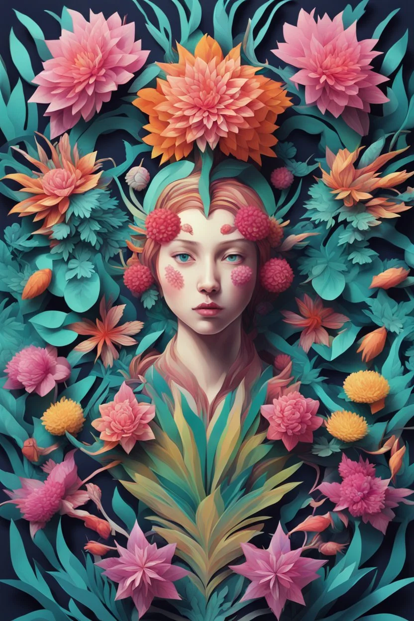 Paper craft in the style of plants and flowers by Ernst Haeckel Maria Sibylla Merian. Tristan Eaton, Victor Ngai, Artgerm, Ras, Ross Rees, Katie Butcher, Hajime Sorayama, Greg Toccini, Virgil Finley, Science fiction, Colors, Neon lighting. Digital painting, Pixiv, Ilya Kuvshinov, Neon lights, 3D , Perspective