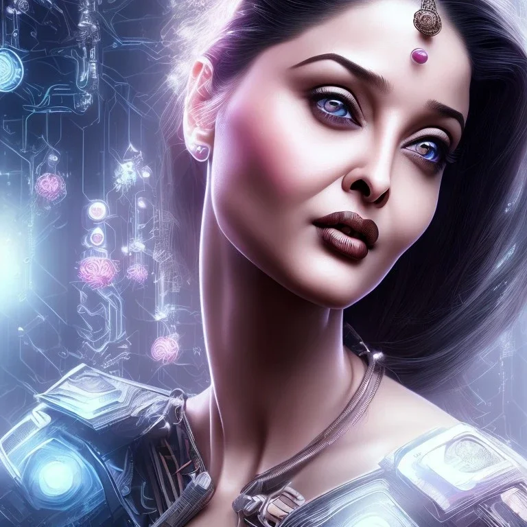 beautiful indian actress aishwarya rai ,cyberpunk, head, women, portrai, tron sketch of a girl on lined paperA beautiful one nude body of a make up smiling woman blond long hair, alone, high key lighting, volumetric light high details with white stripes and blue eye, smiling with plump pink lips, flowers around, unreal engine petit prince belle fine, profil de trois quart, grand front cosmique, peau bleu cristalline, yeux bleu, perle sur le front long cheveux blond et rose etoilé