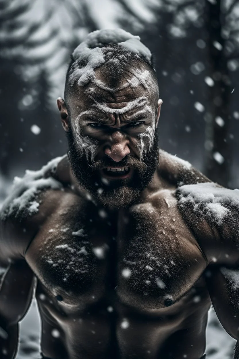 a man, muscular tough, shirtless, scarred, bruised, heroic, fighting a bear in a middle of a snowy wilderness, harsh cold climate, stormy, daylight, wearning an iron face mask cover, through storm, tough and strong vibes