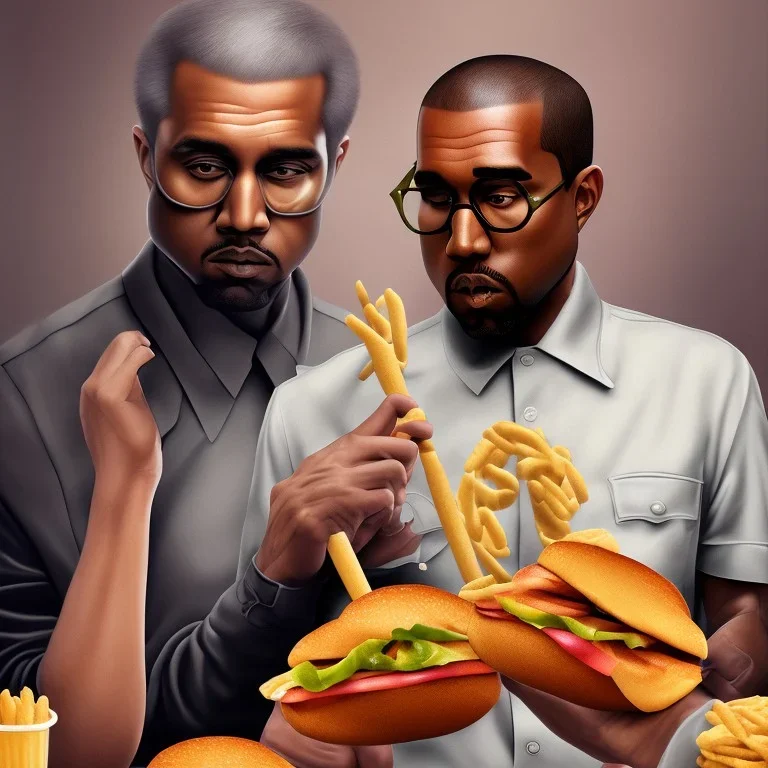 Kanye west dressed at Hitler eating a corn dog at burger king