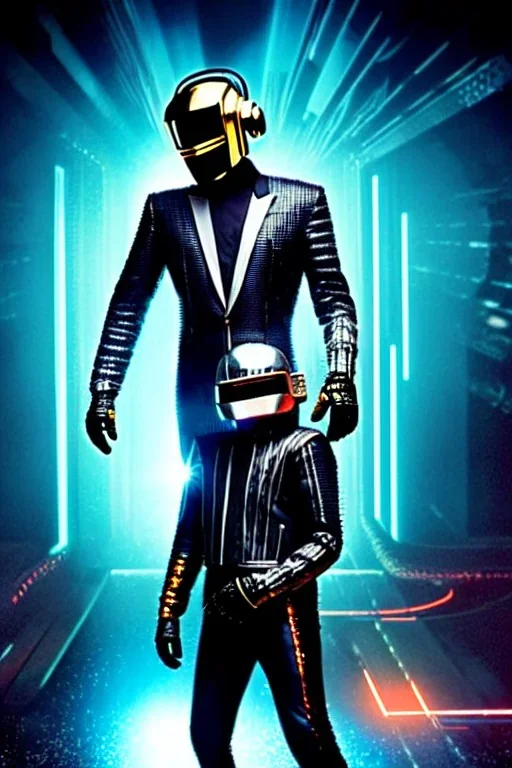 Metallic Cyber-punk man with camera-mask, old AKG-style headphones, golden rings. Fencing mask covers man's cheeks. Good body shape. Body and head full of integrated old-fashioned cameras. Ancient silver telephone attached to perfect body, trunk. 5th dimensional Escher tiling background. Daft Punk, Tron Movie. Matrix movie, black leather jacket, tippet. Black latex areas in leather surfaces body. 1990's. Ancient AKG-microphone as mouth. Closely packed holes. Minimalistic fashion haute couture