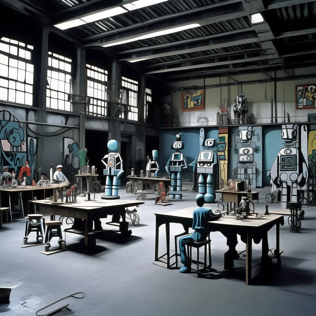 A gray factory with robots designed in Javanese shadow puppets painted by Stuart Davis