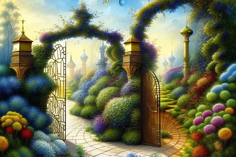 beautiful ornate gate, garden, path, flowers, watercolor, Surrealism