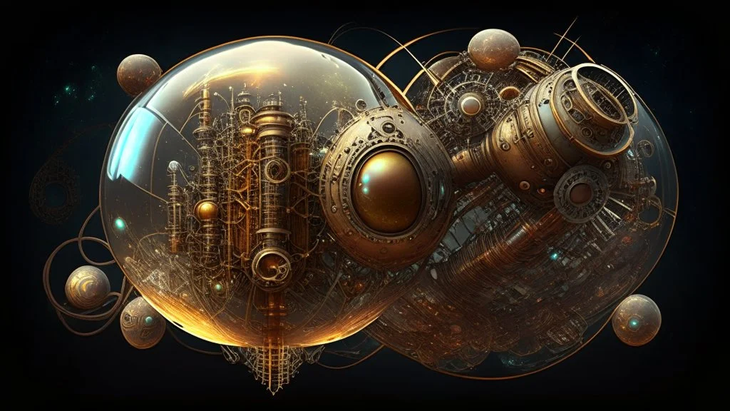 steampunk sphere with tubes, pipes, and wires floating in deep space, detailed