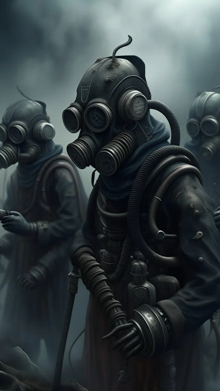 A musical band wrap a gas mask , they are tied to their musical instruments ,surrealism of the dark of a nightmare ten miles high and six foot deep, hyper photorealistic, hyper detailed dark art color, high resolution, fog, octane render, tilt shift, HDRI Environment, all pictures dark gray