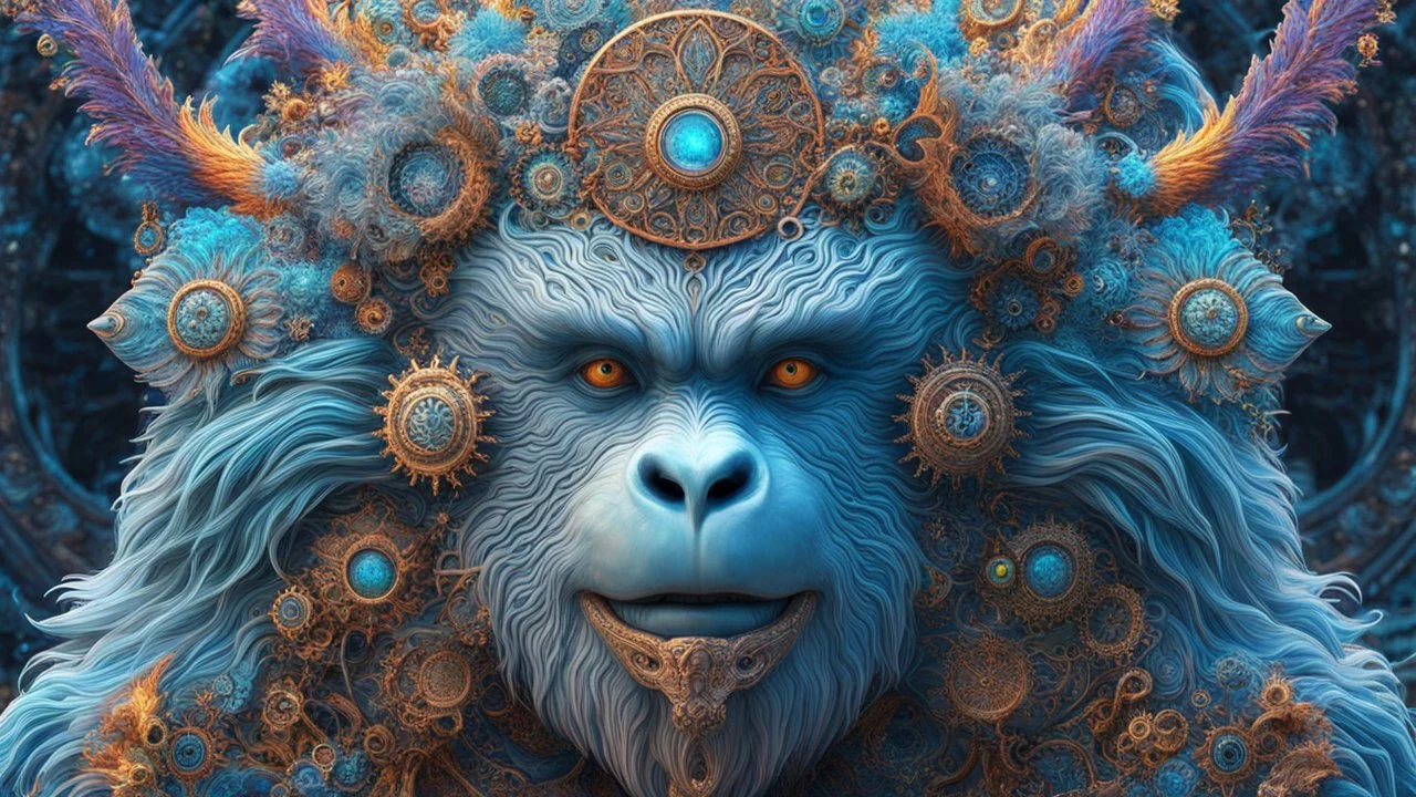 3D symmetrical rendering of an enigmatic expressively detailed and intricate, hyperrealistic dreamscape yeti: symmetric, front view, colorful paint, tribalism, steampunk, shamanism, cosmic fractals, dystopia, telepathy, 8k, high-resolution, realistic, surrealistic, v-ray,quixel megascans render, sintane render, dramatic volumetric lighting exquisite composition, beautiful detailed intricate detailed octane render, artistic photography, photorealistic, perfect light, chiaroscuro