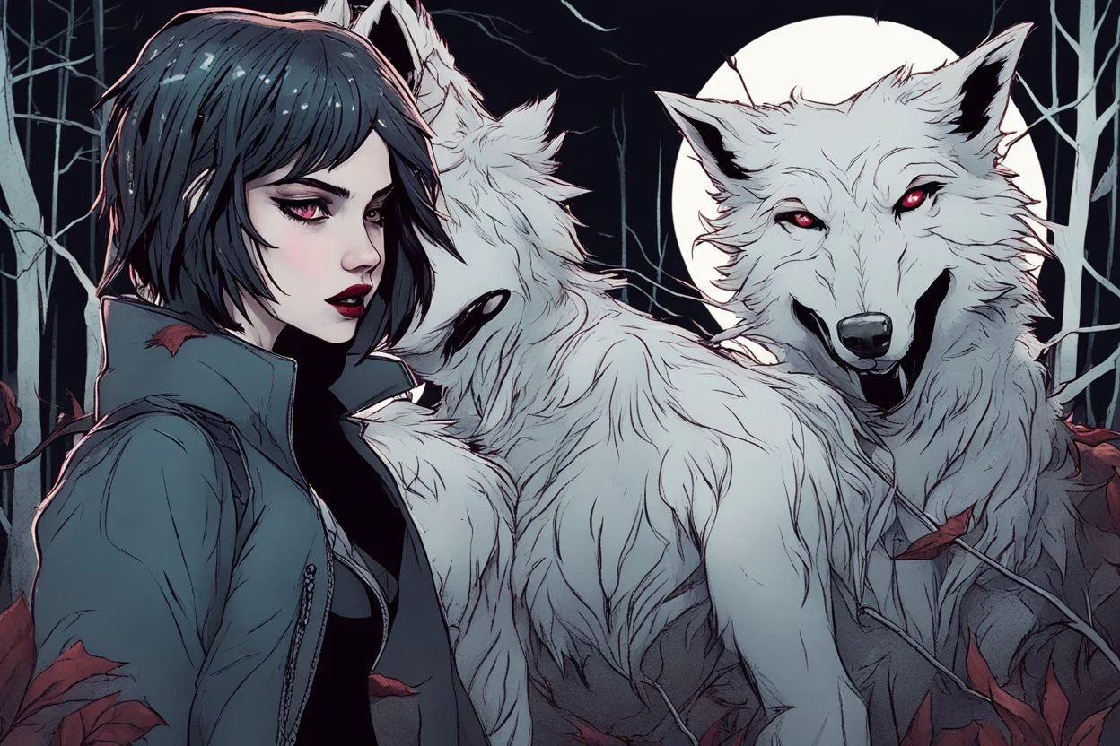 vampire girl showing fangs with short cropped cyberpunk hair wandering with her wolf in tangled forest in the moonlight