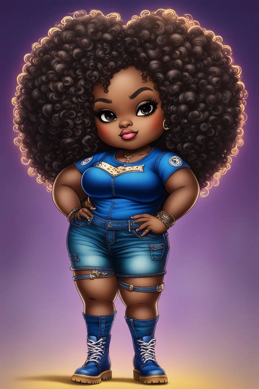 vibrant psychedelic pop punk image, airbrush, 48k, cartoon art image of a plus size chibi dark skinned Black female wearing a sapphire blue jean outfit with timberland boots. Prominent make up with brown eyes and lush lashes. Highly detailed tight curly ombre afro