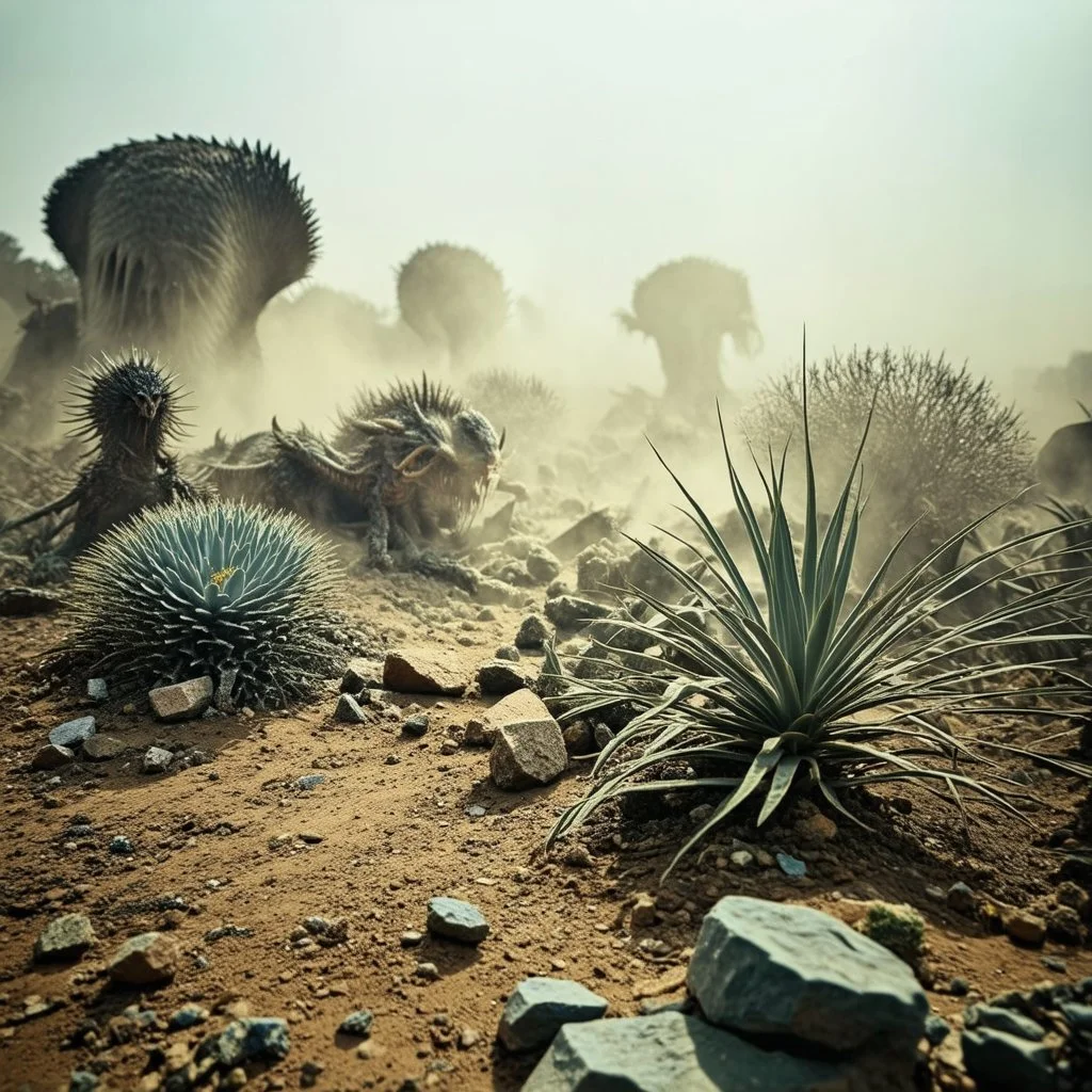 A striking quality Kodak photograph captures a wasteland with monsters and group of plants, creepy, details of the dust very accentuated, glossy organic mass, adorned with minerals and rocks. Bathed in intense light, eerie, Max Ernst style, sun, fog, volumetric light