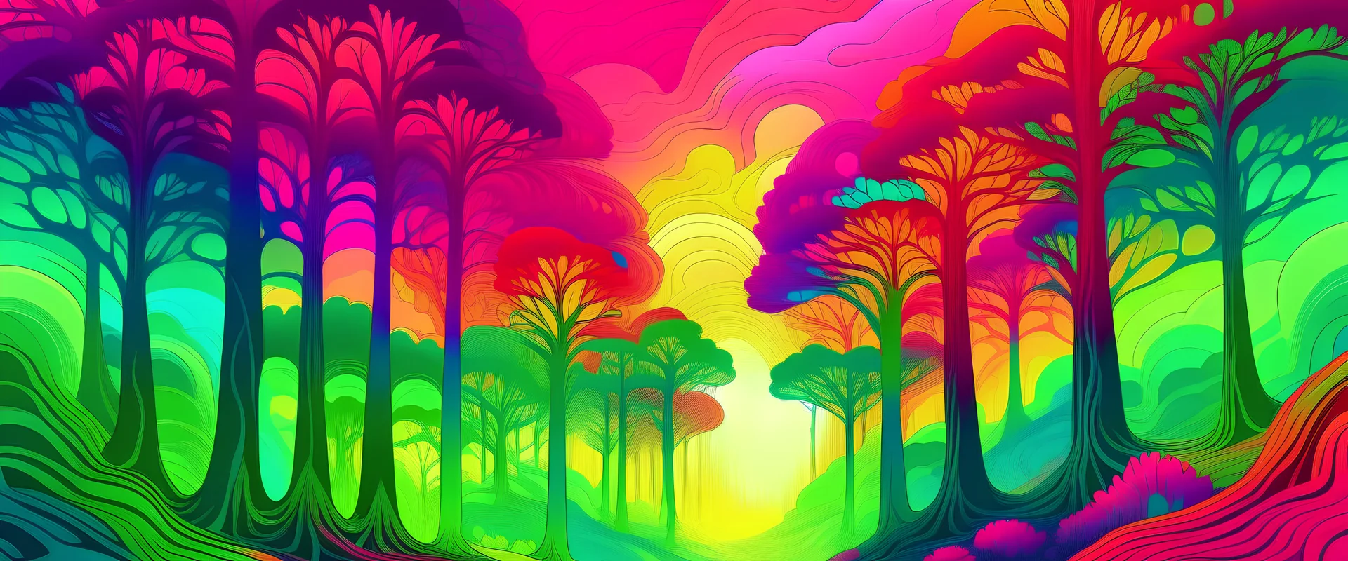 trippy forest, with trees and rainbow colors