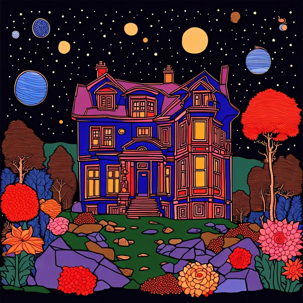 Colourful, peaceful, Egon Schiele, Max Ernst, René Magritte, house, night sky filled with galaxies, planets, stars, rocks, trees, flowers, one-line drawing, sharp focus, 8k, deep 3d field, intricate, ornate