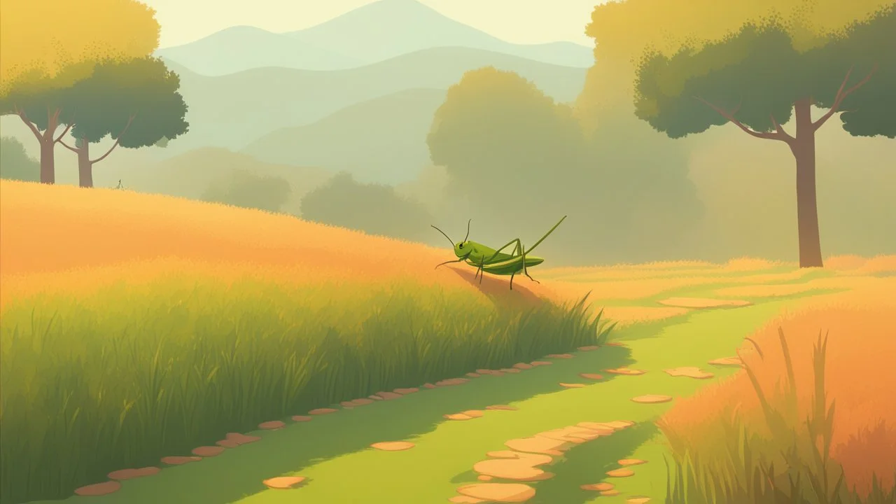 Rice field，Trees，Warm color palette，Animation，A lovely grasshopper，Top of the hill