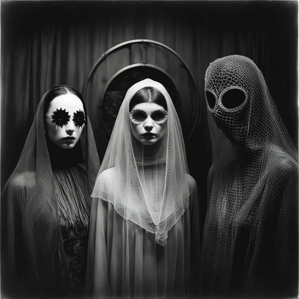 Vintage black and white photo of a young woman with two eerie figures wearing creepy masks and veils, one with a circular hole and the other with intricate wires and mesh, standing side by side in a dimly lit room, with a plain background, reminiscent of old horror photography, with a haunting and surreal atmosphere.