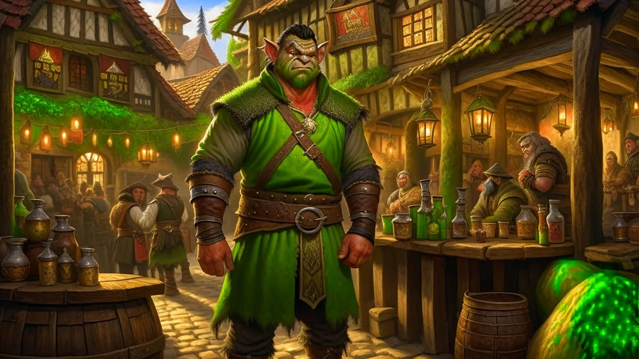 rich orc, luxury clothes, tavern in the background