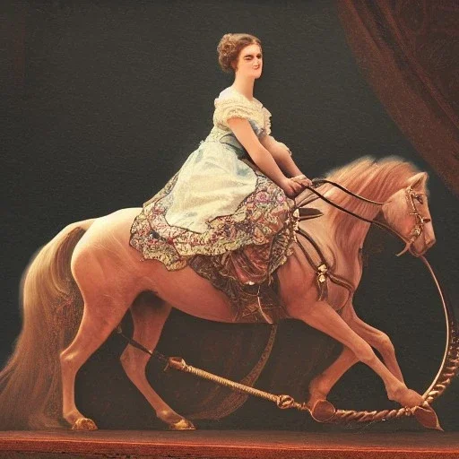 beautiful woman sitting on ultra-detailed carousel horse, 1800s, chiaroscuro lighting , 8k UHD, matte painting, illustration, renaissance, artwork, high-quality, intricate detail, rocco, greg rutowski, howard lyon, alphonse mucha