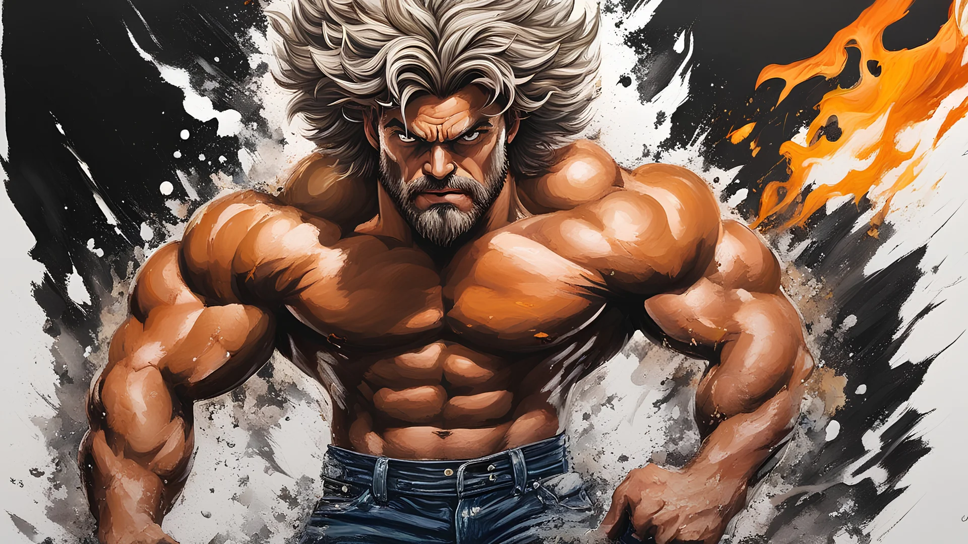 acrylic illustration, acrylic paint, oily sketch, best quality, intricate details, 1boy, buff, manly, masculine, body builder, ripped shirt, Shaggy Rogers, ragemod, wild hair, destruction, white flaming eye, white eye trail,