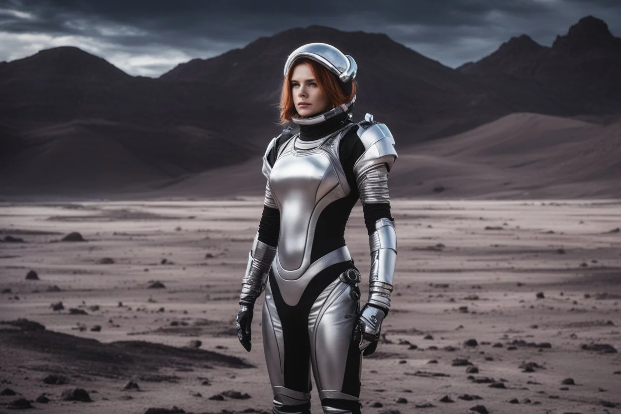 photo of a Sci-fi woman, wearing a silver and black spacesuit looking like an android, no helmet, on an alien planet