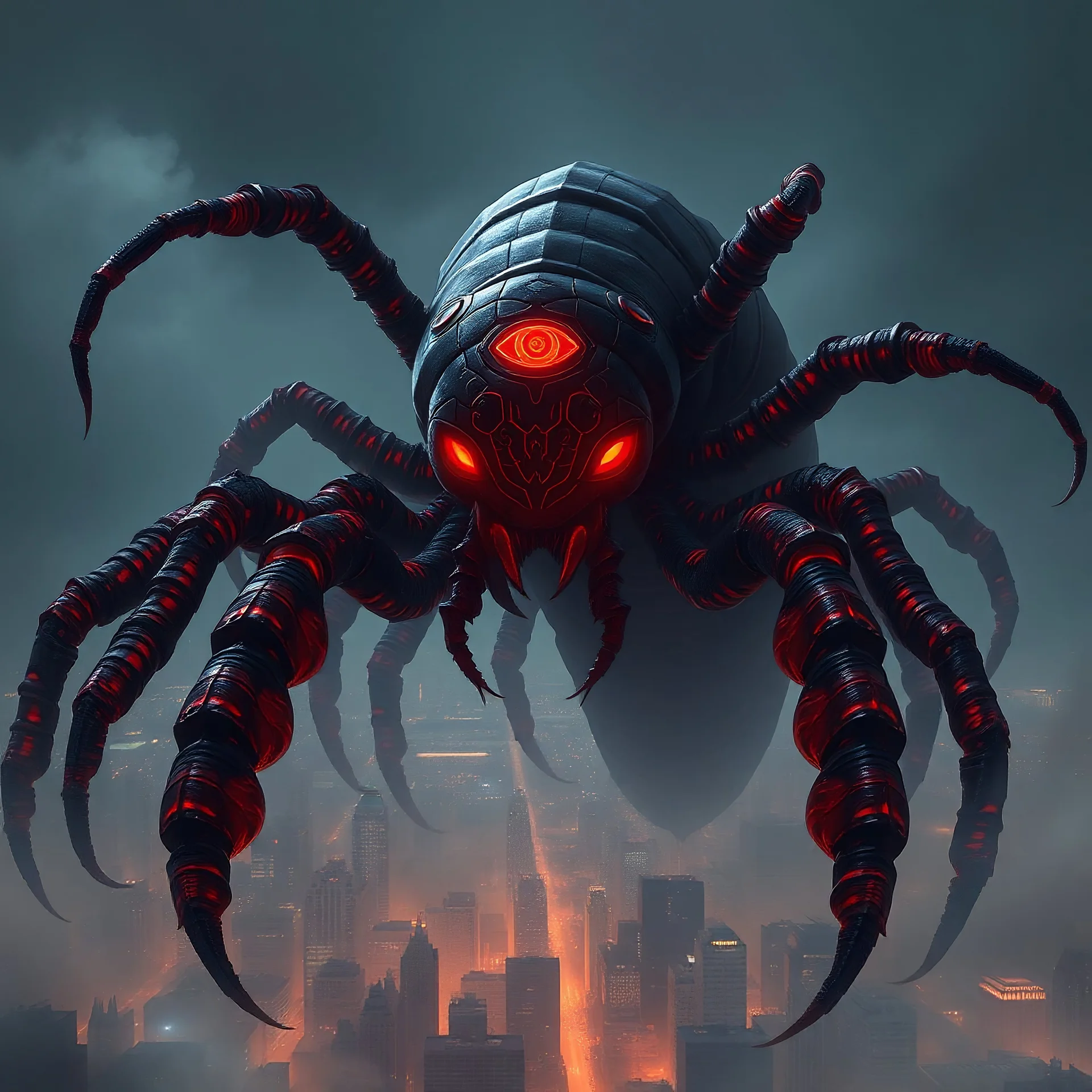 massive black and red centipede with glowing red eyes and a glowing red eye symbol on it's forehead, looming over a city