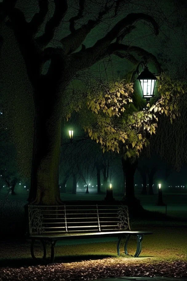 Park at night with lanterns, square bench, and dirt roads, trees, gothic horror films influence, creepy, photography