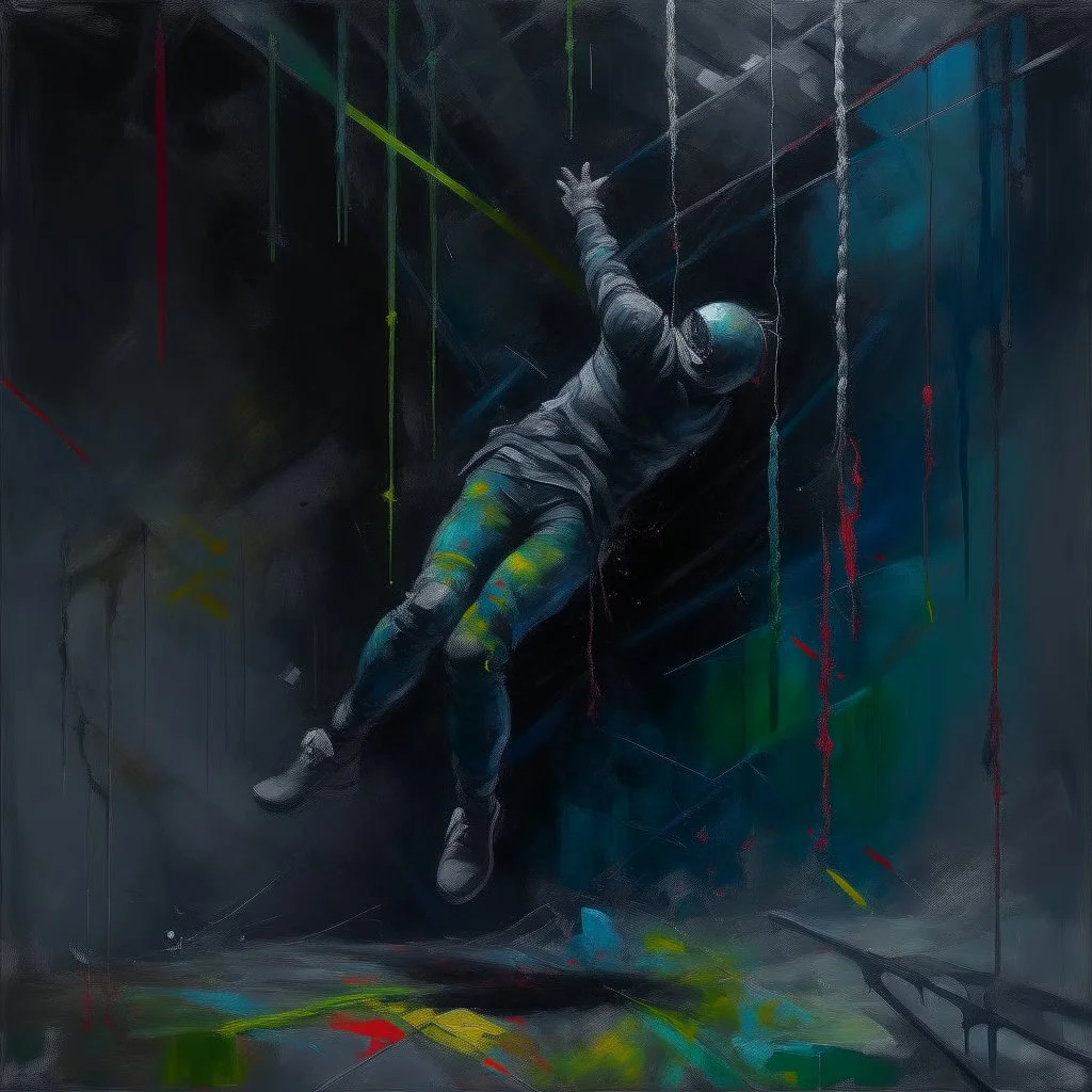 Minimal abstract oil painting of a falling person limbs sinew twisted .triadic colour. Random words. Amongst concrete fragments brutalist architecture and hanging wires illuminated at night. In the style of Justin Mortimer and Phil Hale and Ashley Wood