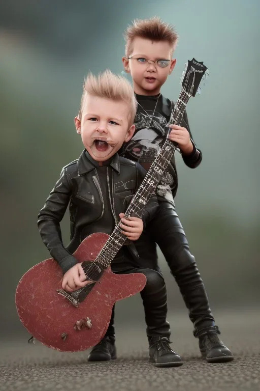 James hetfield toddler, full body, playing guitar, black leather wearing, bokeh, hyper realistic