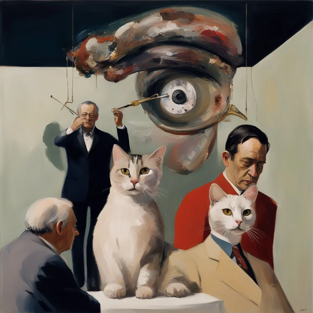 UN conference,a cat and human flesh-like surgical instruments and universe-like a pigeon and neuralink, surrealism,minimalism,Painting By Adrian Ghenie, Rene Magritte, Salvador Dali, Lucian Freud