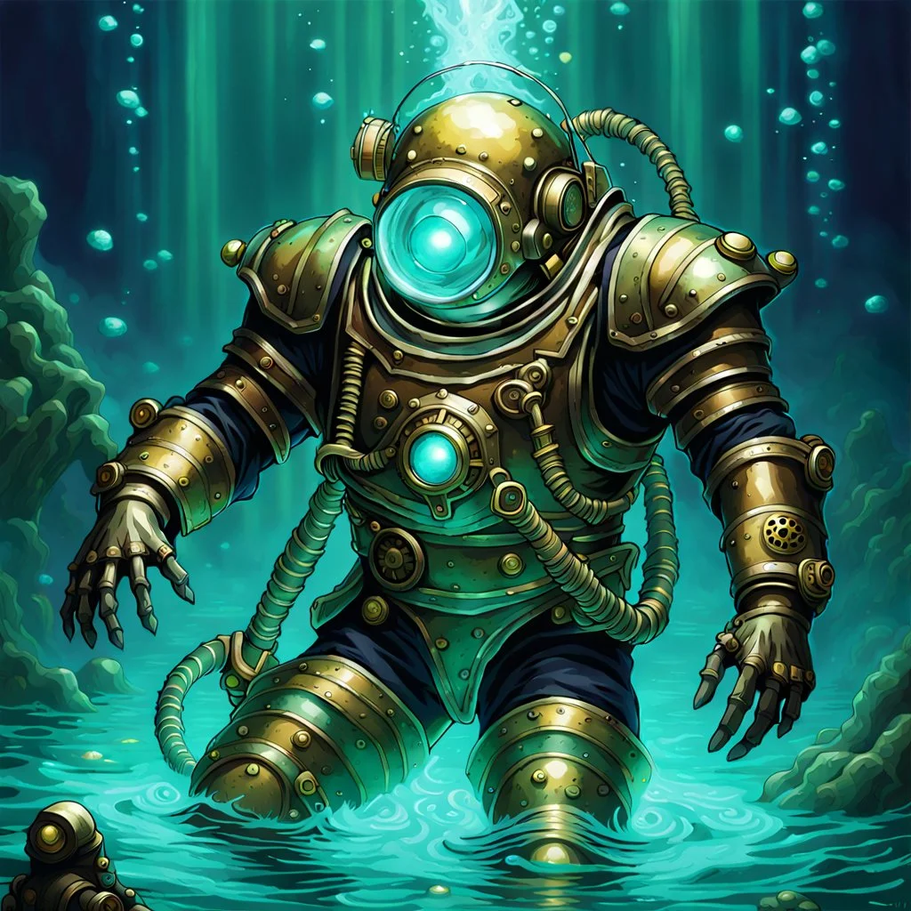 90's tcg art steampunk ghost diver with glowing ghostly armor and huge pauldrons fantasy glowing helmet underwater