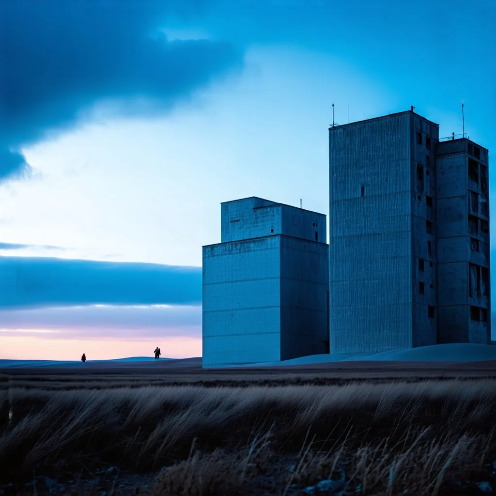 Photograph of odd brutalist buildings scattered over a wasteland, powder, night, people, nothingness, nightmare, minimalist, details of the terrain very accentuated, 8k, deep 3d field, sharp, eerily mysterious, artistic photo, large format film, fotograph by Yves Tanguy, scenography by René Magritte, hasselblad h6d400c --ar 85:128 --v 6.0