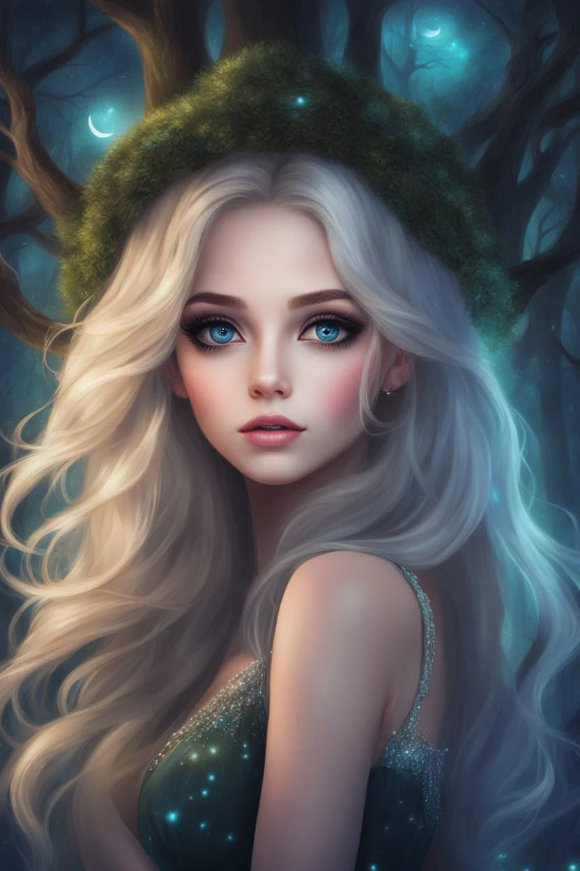 Painting of a beautiful girl, beautiful, haunted forest, pretty face, young girl, fantasy art, anime portrait, barbie face, big eyes, bright eyes, dream, trees, forest background, dark night, song, glitters background, fantasy, high quality, 8k