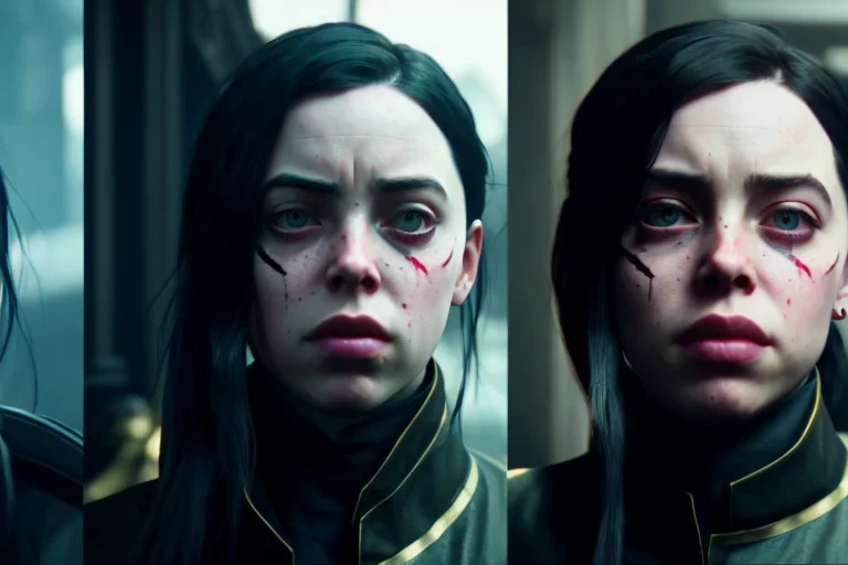 Billie Eilish, Dishonored 2, realistic, 4k, not to be distinguished from a photo, identical pupils