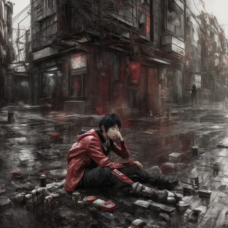 just a distant japanese boy, photo from behind, black hair, sitting on floor, akira red jacket with pill in the back, tokyo post apocalyptic, rain, extremely detailed, extremely realistic