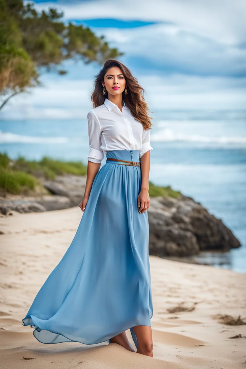 young lady wearing beautiful maxi blue skirt and elegant long shirt standing in beach posing to camera ,upper body shot,ships in sea ,blue sky nice clouds in background