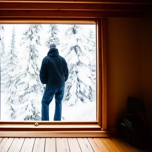 Man looking outside the window of a Hutte, 8k, HD, cinematography, photorealistic, Cinematic, Color Grading, Ultra-Wide Angle, Depth of Field, hyper-detailed, beautifully color-coded, insane details, intricate details, beautifully color graded, Cinematic, Color Grading, Editorial Photography, Depth of Field, DOF, White Balance, 32k, Super-Resolution, Megapixel, ProPhoto RGB, VR