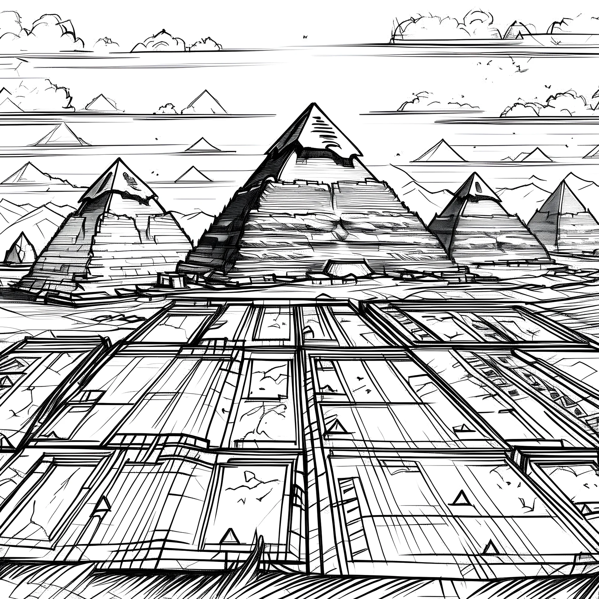 sketch art of a giza pyramids inking comic art cat-eye view