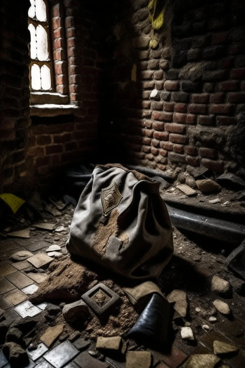 in a LARGE BASEMENT, half-buried in the earth, an ancient, worn-out, worn-out, torn-side valise peeks out, from which gold coins from the time of Catherine the Great fall out. The ancient coat of arms of Russia, the double-headed eagle, is BARELY VISIBLE on the bag. There are a lot of broken bricks and earth around the bag. All in high quality 8K