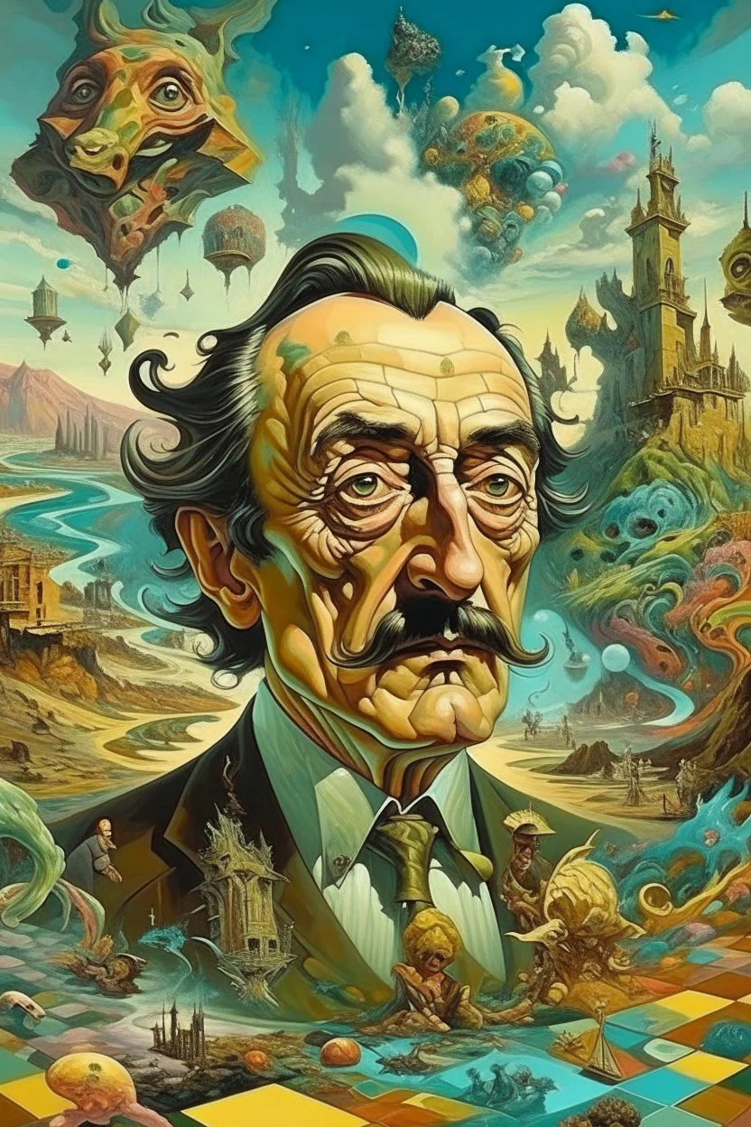 The painting of Salvador Dali in the style of grotesque caricatures, hyperrealistic landscapes, #pixelart, richly detailed genre paintings, time-lapse photography, haunting structures, zombiecore , in the style of quirky figurative ian spriggs paul barson comical figurative jim lively.