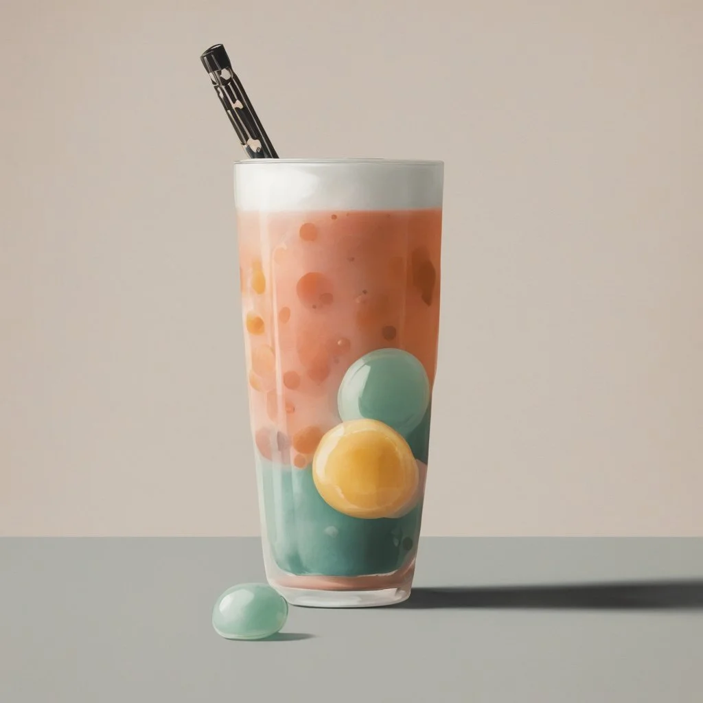 boba bubble tea drink, midcentury modern, minimalist, artsy