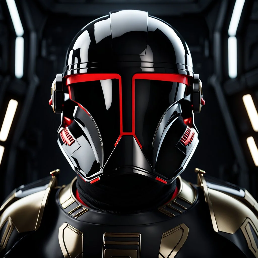 star wars bald male corellian pilot wearing pearlescent black and gunmetal grey First Order special forces heavy assault stealth commando armor and helmet with gold and red trim inside the jedi temple, hyperdetailed, dynamic lighting, hyperdetailed background, 8k resolution, volumetric lighting, light skin, fully symmetric details