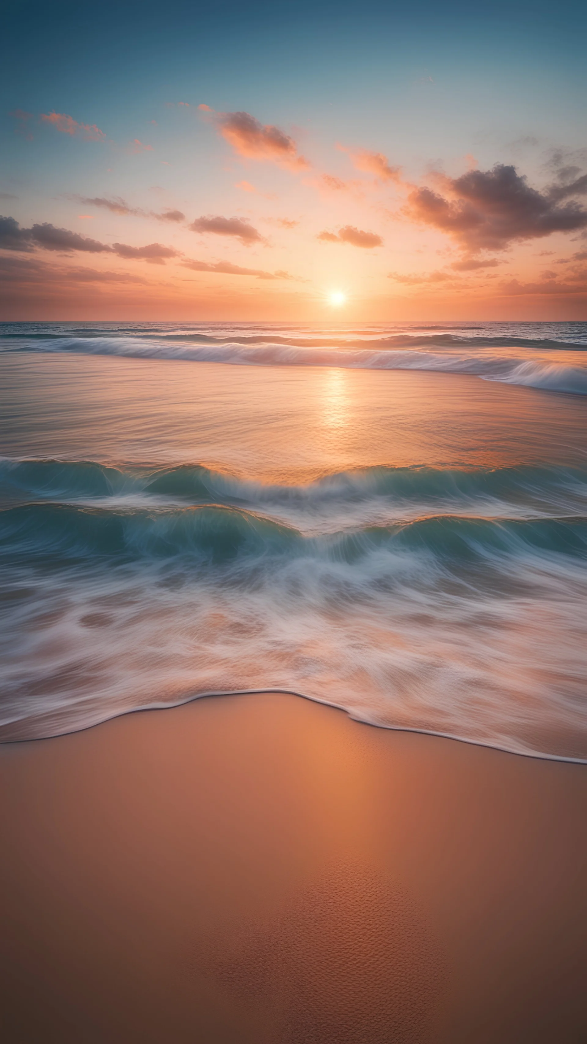 Describe a beautiful scene of a cinematic beach at sunset. blue and orange ocean tone