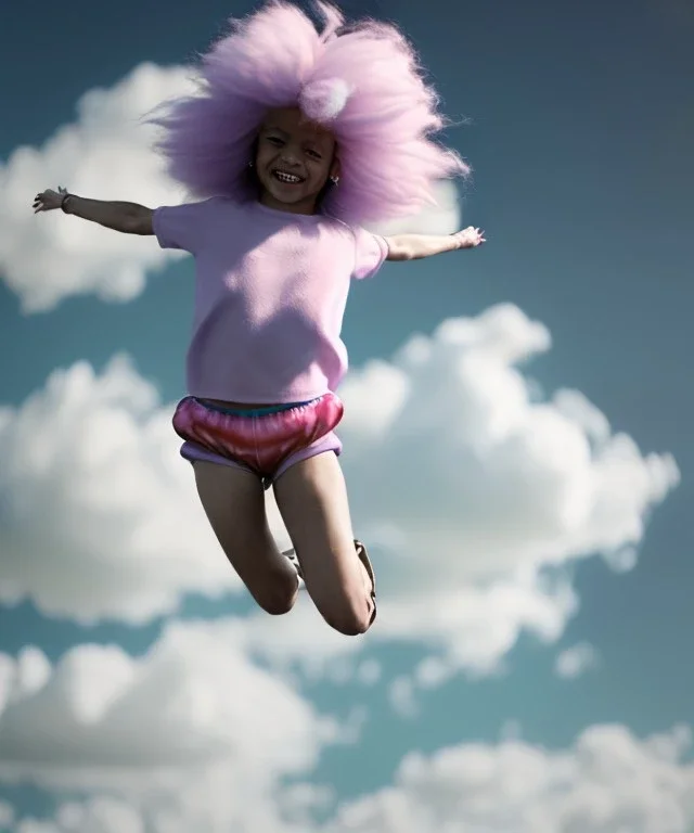 Ultra realistic clouds sky scene, wide angle, medium shot view, portrait, sweet Child, free jumping flying, trinkets, monster hair, hair monster, jelly beans, balls, smile, happy, circus style, inflatable color clothing, extreme, wind, clouds sea, 20,000 feet altitude, stratosphere, soft color, highly detailed, unreal engine 5, ray tracing, RTX, lumen lighting, ultra detail, volumetric lighting, 3d, finely drawn, high definition, high resolution.