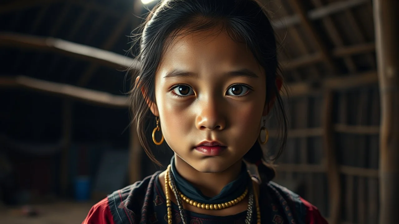 young Christian Iban girl in Sarawak longhouse, peaceful, gentle, calm, wise, facing camera, traditional Iban costume, perfect eyes, exquisite composition, night scene, stars, beautiful intricate insanely detailed octane render, trending on artstation, 8k artistic photography, photorealistic concept art, soft natural volumetric cinematic perfect light, chiaroscuro, award-winning photograph, masterpiece, raphael, caravaggio, William-Adolphe Bouguereau, Alma-Tadema