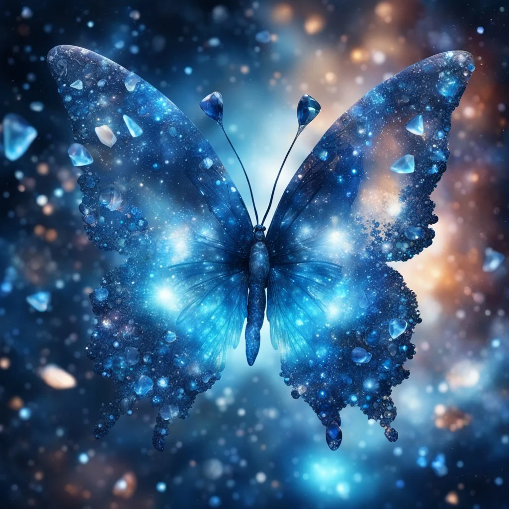 crystal butterfly made of gems made of different shades of blue, double exposure blue nebula galaxy background,, glowing particles in background, amibent mood,16k resolution photorealistic, masterpiece, hight contrast, depth of field, breathtaking intricate details, realistic and lifelike cgi, dramatic natural lighting, reflective catchlights, high quality CGI VFX fine art