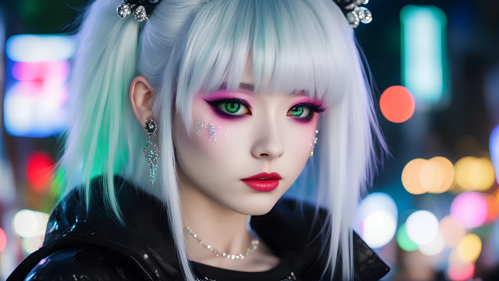 futobot,goth_punk, 1girl, solo, medium shot, walking in harajuku, ((night time)), bokeh, neon light, iridescent eyes, starry sky, white shimmer hair, white eyebrow, glowing hair, (iridescent white hair), earrings, bangs, jewelry, mask, blunt bangs, green eyes, mouth mask, blurry background, blurry, hair ornament, looking at viewer, short hair, portrait, sidelocks