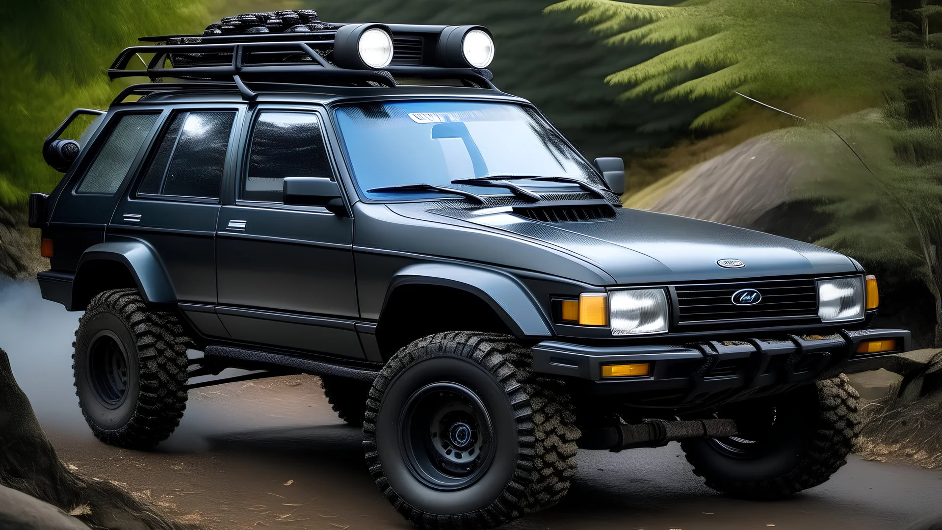 A unique off-road vehicle that is a blend of a 1997 Subaru Legacy and a 1985 Audi Quattro. The vehicle features rugged off-road tires, LED lights, a winch, and an expedition roof rack. The design combines the distinctive elements of both cars, creating a powerful and versatile off-road machine with a custom appearance. The car is set in an adventurous outdoor setting, showcasing its capability and robustness in challenging terrains.