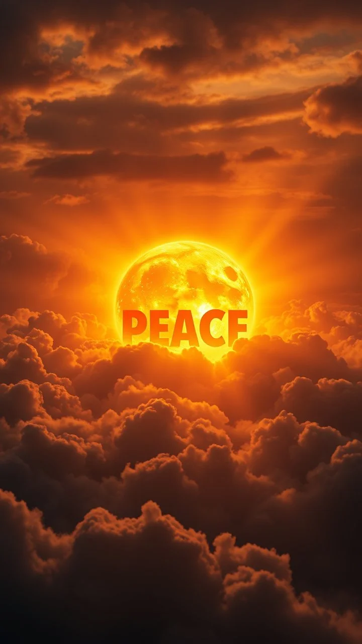 A huge ball of fire above swirling clouds, the word “ PEACE “emerges from the heart of a raging storm. Turbulent winds of steam swirl around the sun lit by shafts of sunlight that cast dramatic shadows on the A beautiful sun , High quality 16k cinematic scene and great photography