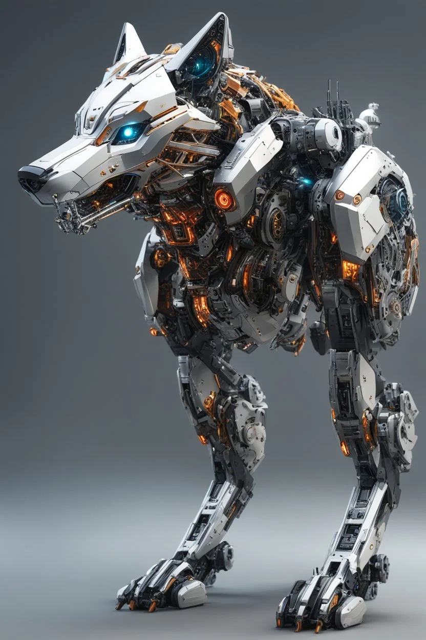 Imágen de arte lineal, robot wolf humanoide, calidad ultra, hiperdetallado, 8k, 3d, colores complementarios, cuerpo completo