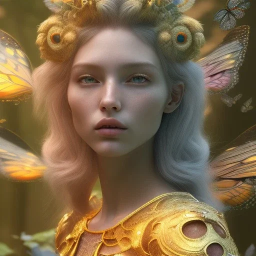 intricate details, realistic, octane,colorfull unreal engine, ,zoomed out + portrait, volumetric lighting, shiny,extreme detail, Photorealism, High detail, Hyper realistic fairy with butterflies in a forest, macro lens blur,abstract paint, sharp,eos5d mark 4, ef 85mm 5.6, focus